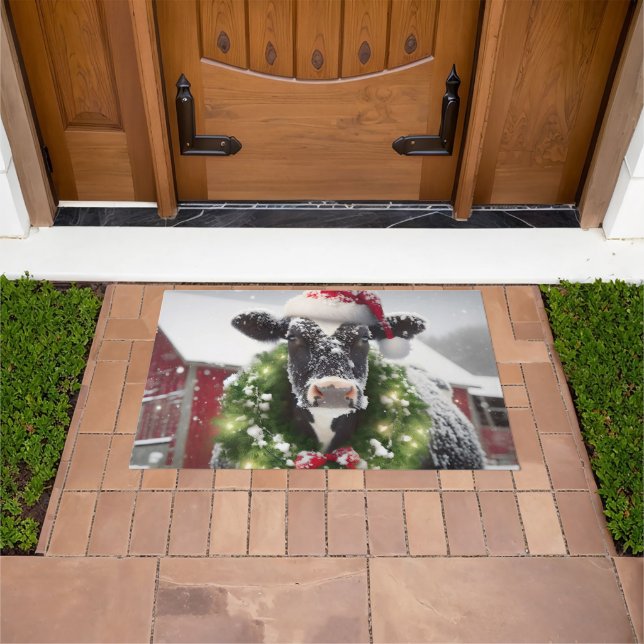 Holstein Cow Wearing a Christmas Wreath Doormat (Outdoor)