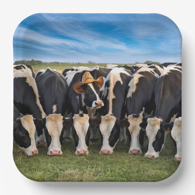 Holstein Cow Wearing a Cowboy Hat Paper Plates (Front)
