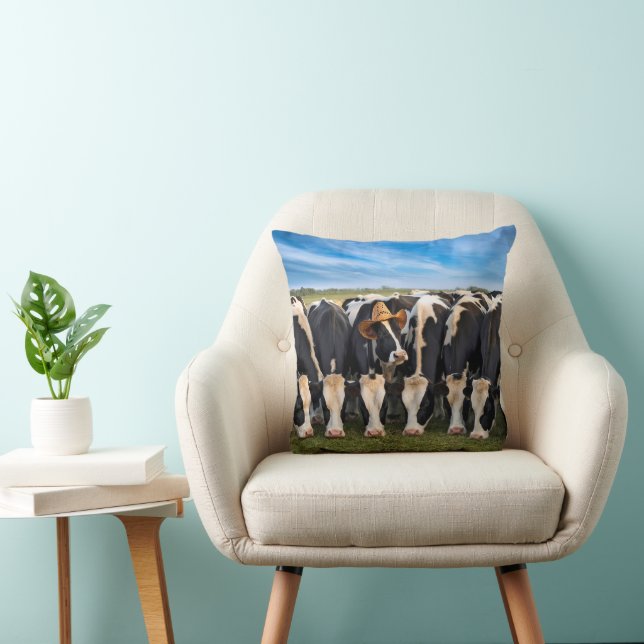 Holstein Cow Wearing a Cowboy Hat Throw Pillow (Chair)