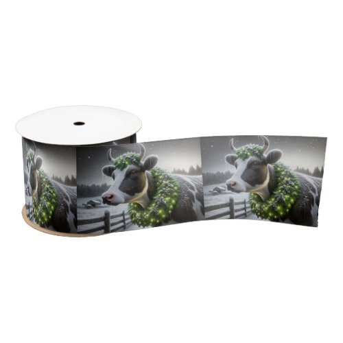 Holstein Cow Wearing Glowing Christmas Wreath Satin Ribbon