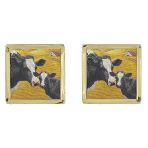 Holstein Cows and Old Wood Barn Gold Cufflinks