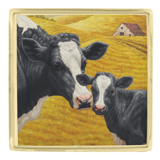 Holstein Cows and Old Wood Barn Gold Finish Lapel Pin (Front)