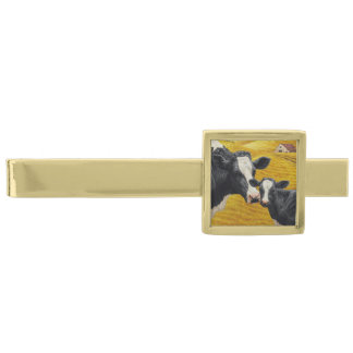 Holstein Cows and Old Wood Barn Gold Finish Tie Bar
