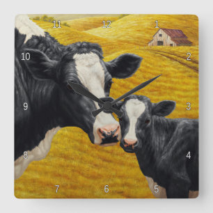 Holstein Cows and Old Wood Barn Square Wall Clock