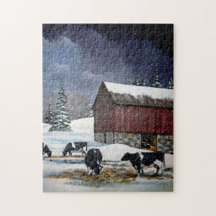 Holstein Cows in Snowy Barnyard: Original Painting Jigsaw Puzzle