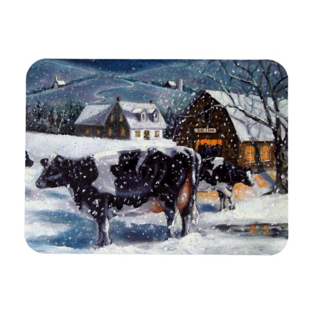 Holstein Cows in Snowy Farm Yard: Christmas Magnet (Horizontal)