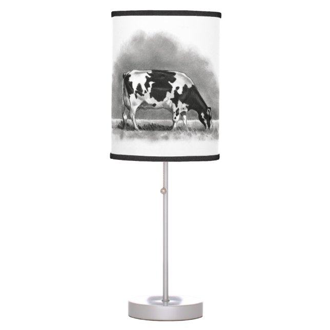 Holstein Dairy Cow Grazing: Pencil Drawing Table Lamp (Front)