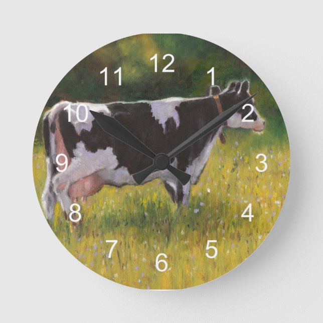Holstein Dairy Cow: Oil Pastel Painting Round Clock (Front)