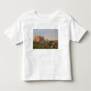 Holstein dairy cows outside a barn at sunrise toddler t-shirt