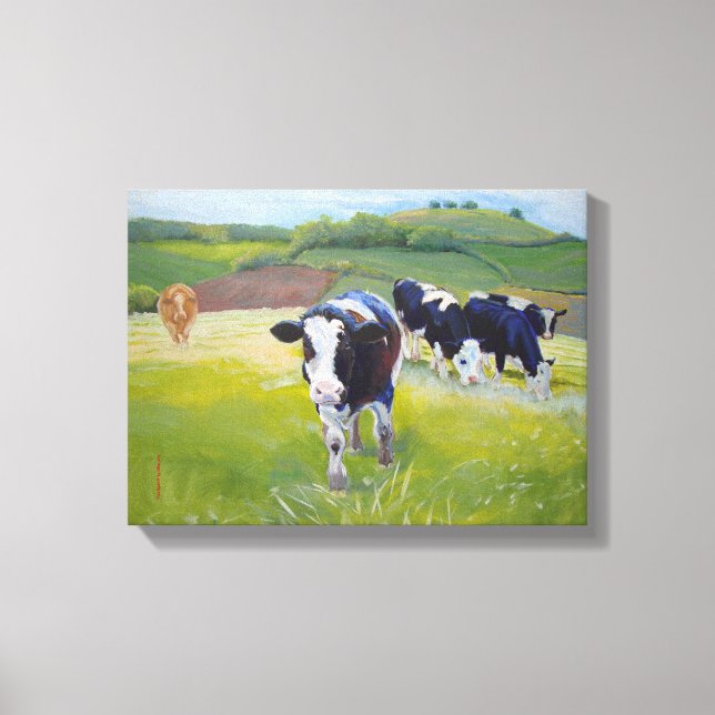 Holstein Friesian  Cows and Landscape Painting Canvas Print (Front)