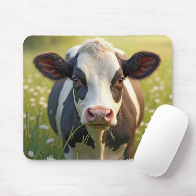 Holstein In Green Pasture With Daisies Mouse Pad (With Mouse)