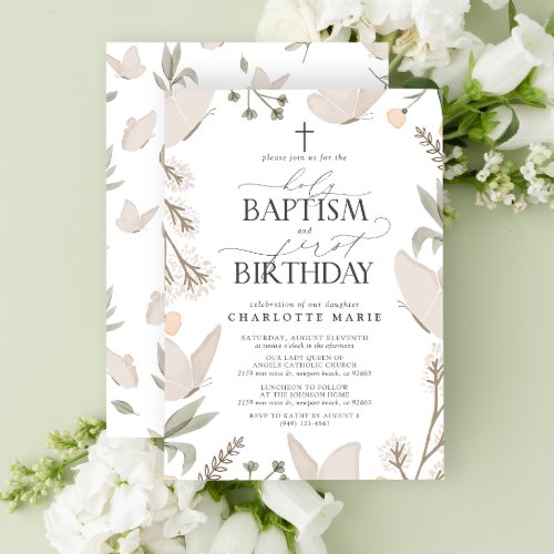 Holy Baptism  1st Birthday Butterflies Floral Invitation