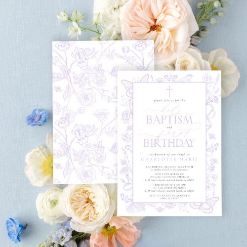 Holy Baptism  1st Birthday Lilac Lavender Flowers Invitation