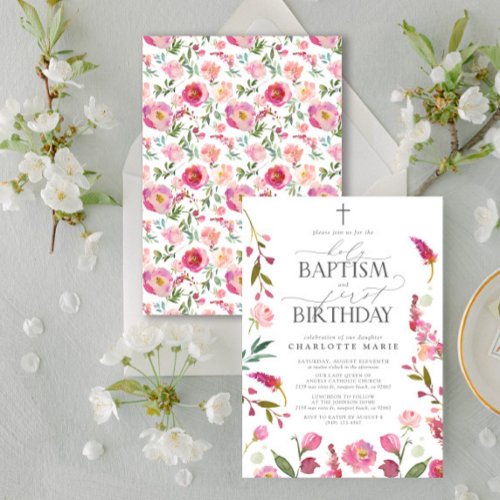 Holy Baptism  1st Birthday Pink Floral Watercolor Invitation