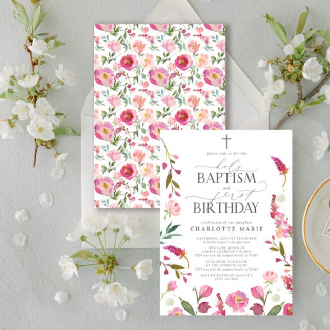 Holy Baptism & 1st Birthday Pink Floral Watercolor Invitation (Easily personalize this baptism and first birthday invite with your personal details.)