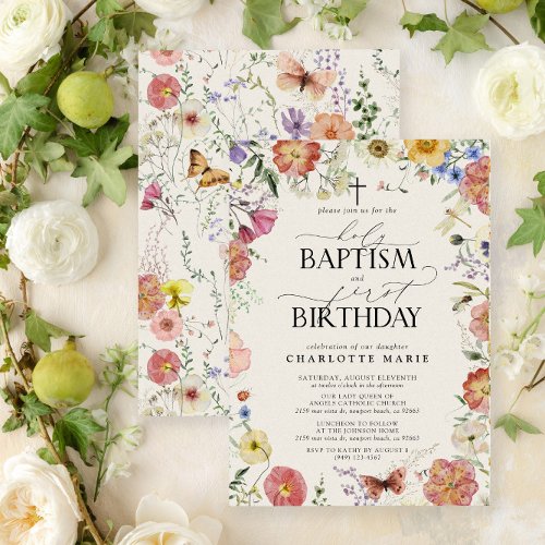 Holy Baptism  1st Birthday Watercolor Floral Girl Invitation