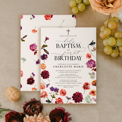 Holy Baptism  1st Birthday Watercolor Floral Invitation