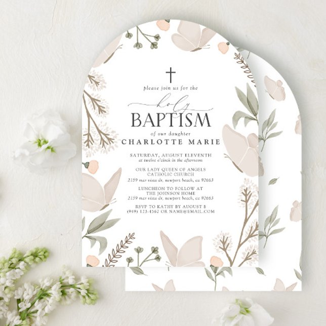 Holy Baptism Butterflies Watercolor Floral Neutral Invitation (Creator Uploaded)