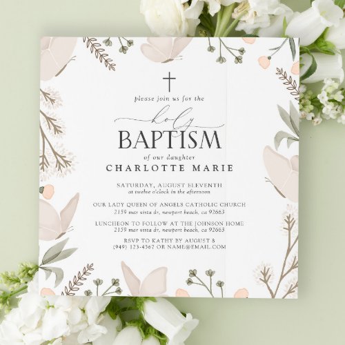 Holy Baptism Butterflies Watercolor Floral Neutral Invitation