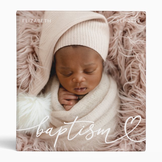 Holy Baptism Elegant Modern Chic Heart Baby Photo 3 Ring Binder (Front)