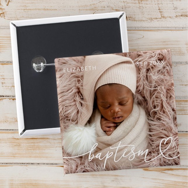 Holy Baptism Elegant Modern Chic Heart Baby Photo Button (Creator Uploaded)