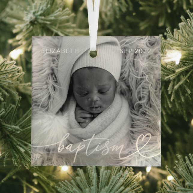 Holy Baptism Elegant Modern Chic Heart Baby Photo Glass Ornament (Insitu)
