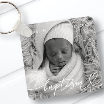 Holy Baptism Elegant Modern Chic Heart Baby Photo Keychain by SelectPartySupplies at Zazzle