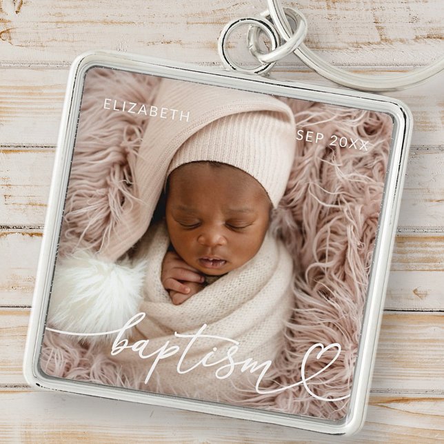 Holy Baptism Elegant Modern Chic Heart Baby Photo Keychain (Creator Uploaded)