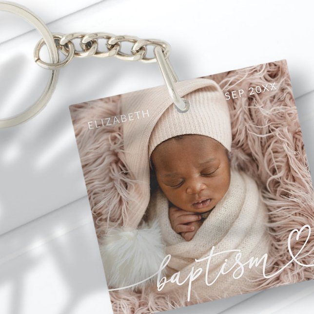 Holy Baptism Elegant Modern Chic Heart Baby Photo Keychain (Creator Uploaded)