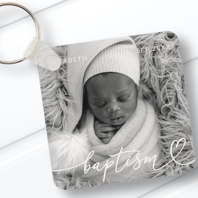 Holy Baptism Elegant Modern Chic Heart Baby Photo Keychain (Creator Uploaded)