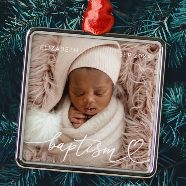 Holy Baptism Elegant Modern Chic Heart Baby Photo Metal Ornament (Creator Uploaded)