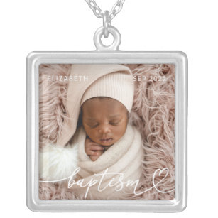 Holy Baptism Elegant Modern Chic Heart Baby Photo Silver Plated Necklace