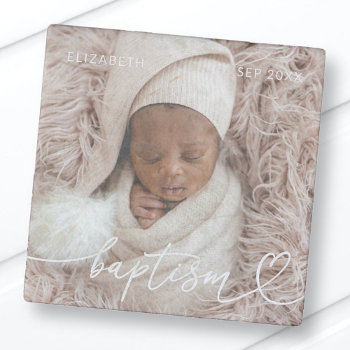 Holy Baptism Elegant Modern Chic Heart Baby Photo Stone Magnet by SelectPartySupplies at Zazzle