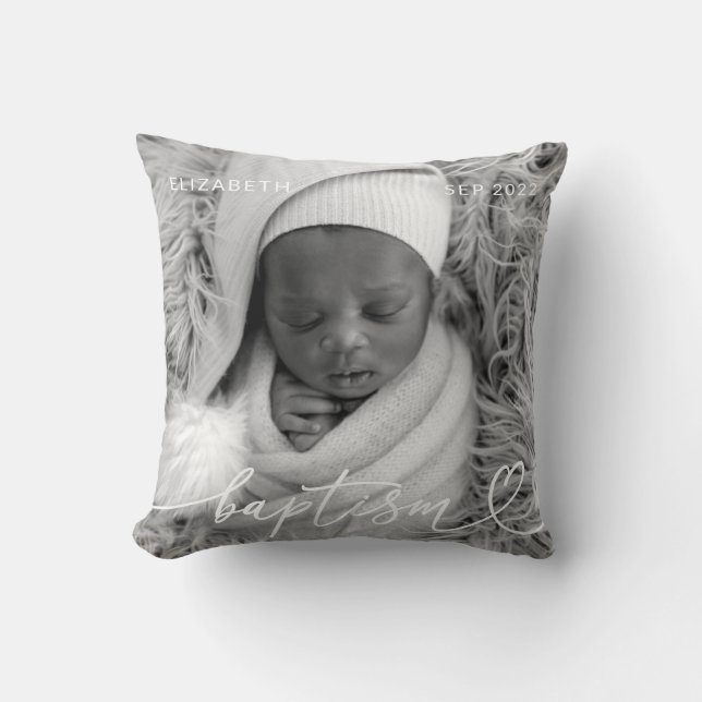 Holy Baptism Elegant Modern Chic Heart Baby Photo Throw Pillow (Front)
