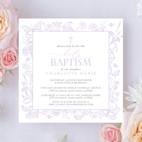 Holy Baptism Lilac Lavender Floral Butterflies Invitation