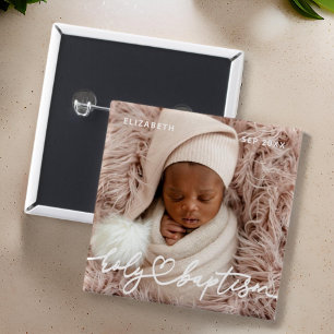 Holy Baptism Modern Elegant Chic Heart Baby Photo Button