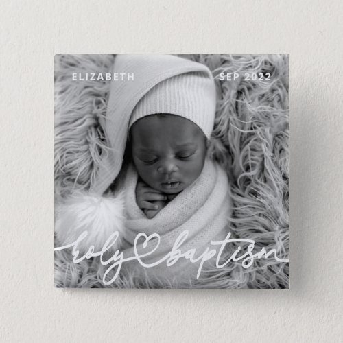 Holy Baptism Modern Elegant Chic Heart Baby Photo Button