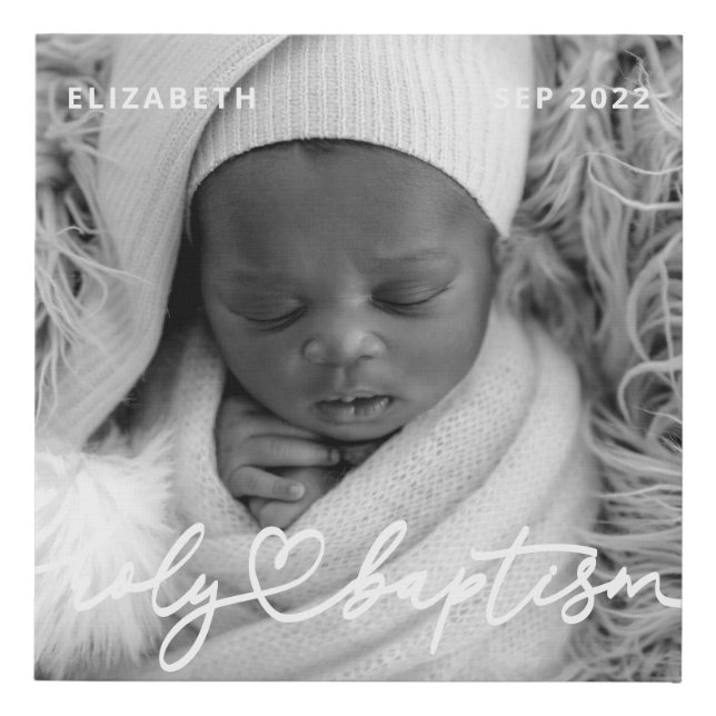 Holy Baptism Modern Elegant Chic Heart Baby Photo Faux Canvas Print (Front)