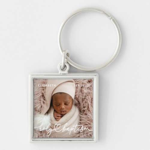 Holy Baptism Modern Elegant Chic Heart Baby Photo Keychain