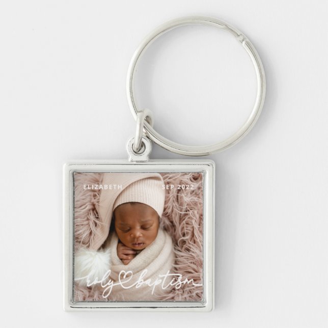 Holy Baptism Modern Elegant Chic Heart Baby Photo Keychain (Front)