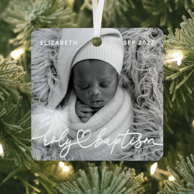 Holy Baptism Modern Elegant Chic Heart Baby Photo Metal Ornament (Insitu)
