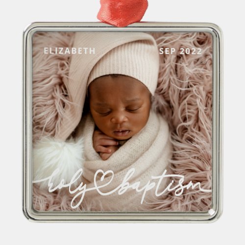 Holy Baptism Modern Elegant Chic Heart Baby Photo Metal Ornament