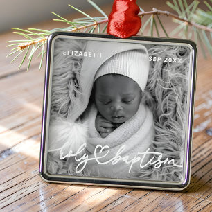 Holy Baptism Modern Elegant Chic Heart Baby Photo Metal Ornament