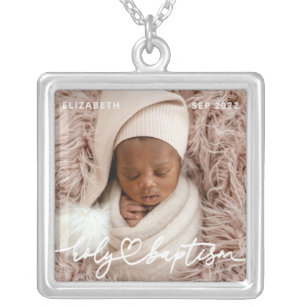 Holy Baptism Modern Elegant Chic Heart Baby Photo Silver Plated Necklace