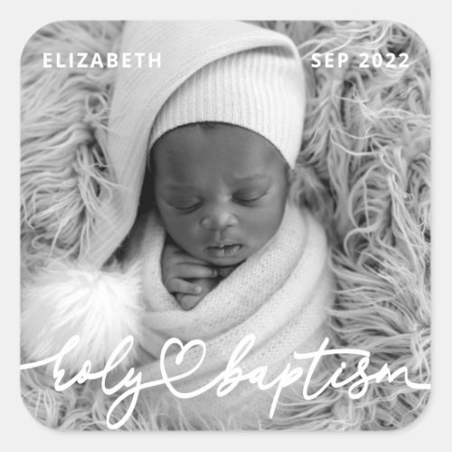 Holy Baptism Modern Elegant Chic Heart Baby Photo Square Sticker