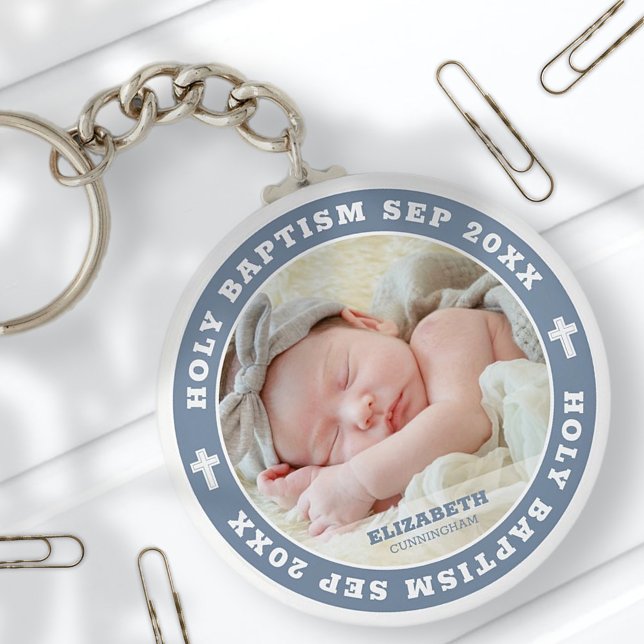 Holy Baptism Modern White Cross Custom Photo Keychain (Creator Uploaded)