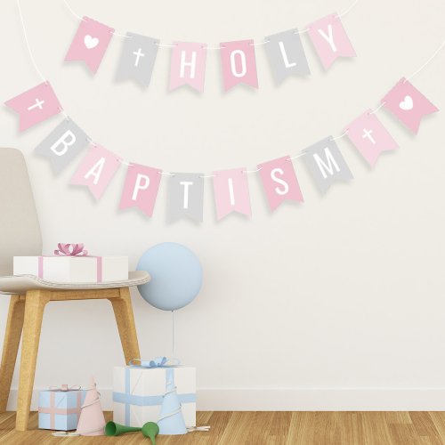 Holy Baptism Pink and Gray Baby Girl Celebration Bunting Flags