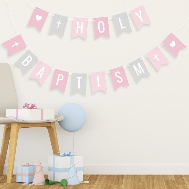 Holy Baptism Pink and Gray Baby Girl Celebration Bunting Flags (Creator Uploaded)
