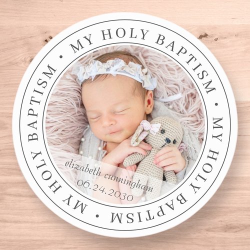 Holy Baptism Simple Frame Modern Custom Photo Classic Round Sticker