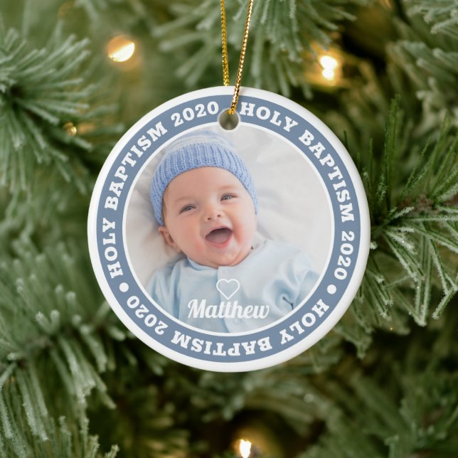 Holy Baptism Simple Modern Custom Photo Keepsake Ceramic Ornament (Tree)